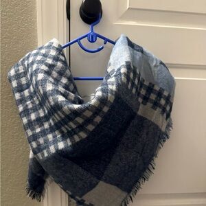 Plaid Fringed Scarf   - Blue and Cream and Grey